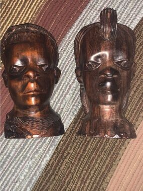 Hand Carved Wooden African Busts - Pair in Rich Brown